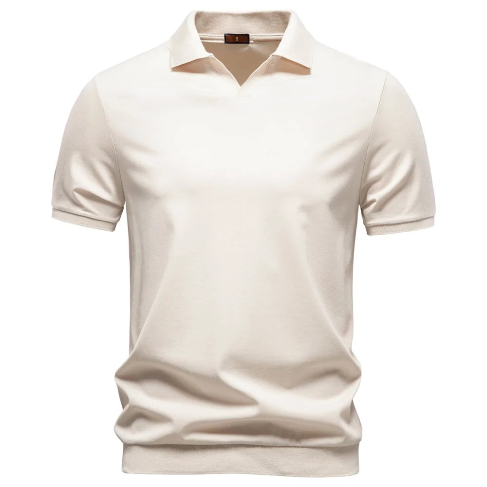 Beige men's buttonless open-collar polo with ribbed hem and cuffs, front view