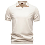 Beige men's buttonless open-collar polo with ribbed hem and cuffs, front view