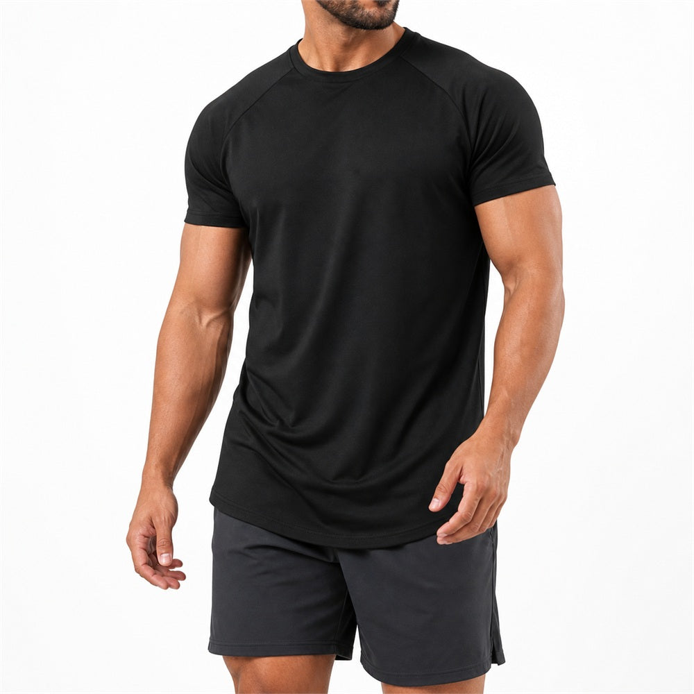 Man wearing the black athletic gym tee with training shorts