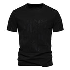 Black men's crew neck t-shirt with tonal geometric chest print, front view