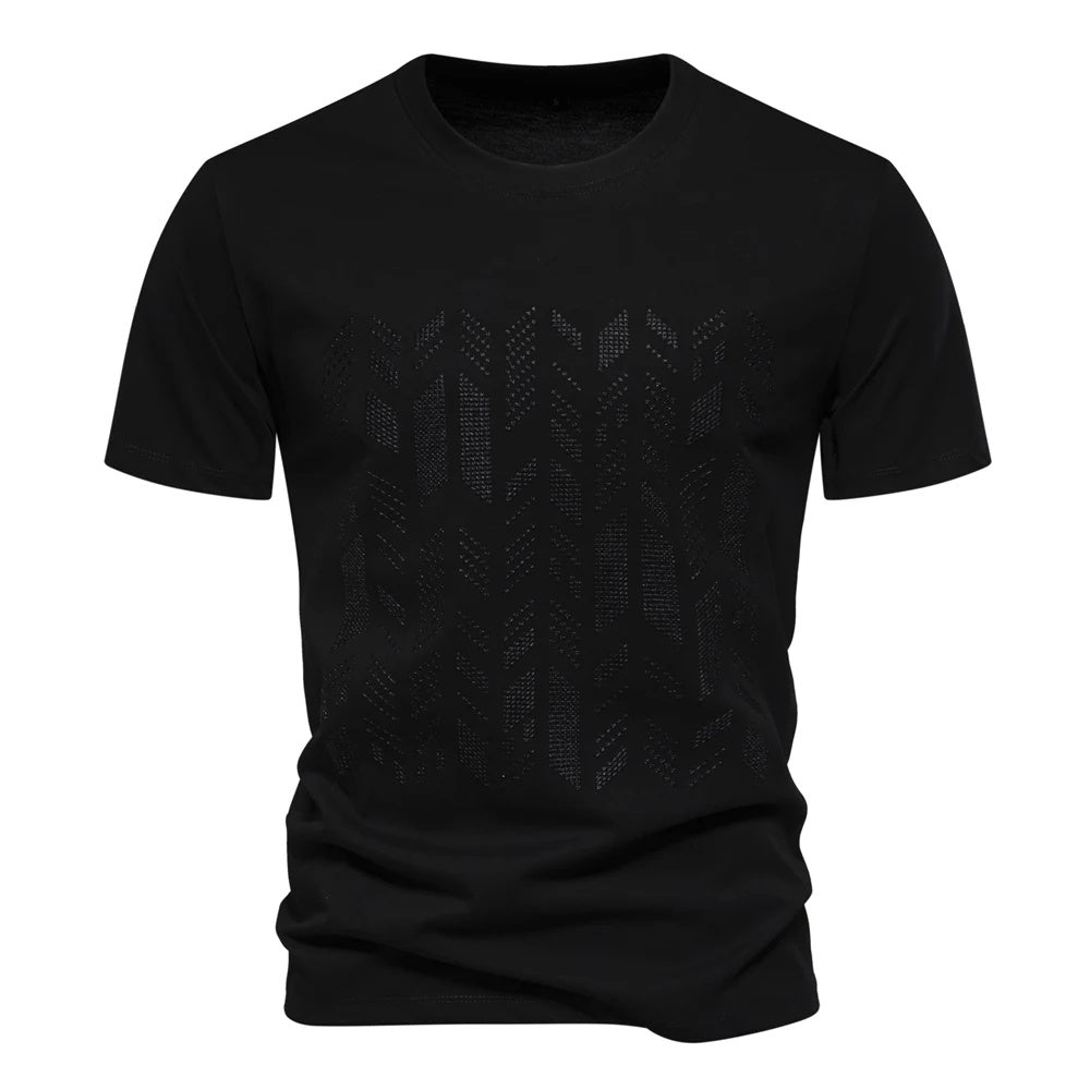 Black men's crew neck t-shirt with tonal geometric chest print, front view