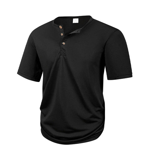 Black lightweight henley with curved hem, front view