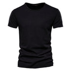 Black men's crew neck t-shirt in slub-textured knit, front view