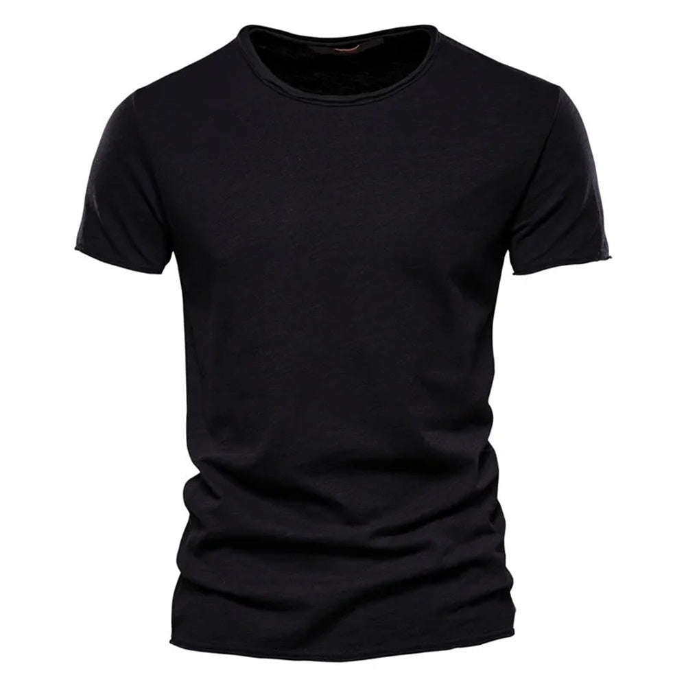 Black men's crew neck t-shirt in slub-textured knit, front view