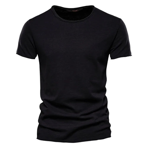 Black men's crew neck t-shirt in slub-textured knit, front view