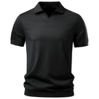 Black men's buttonless open-collar polo with ribbed hem and cuffs, front view