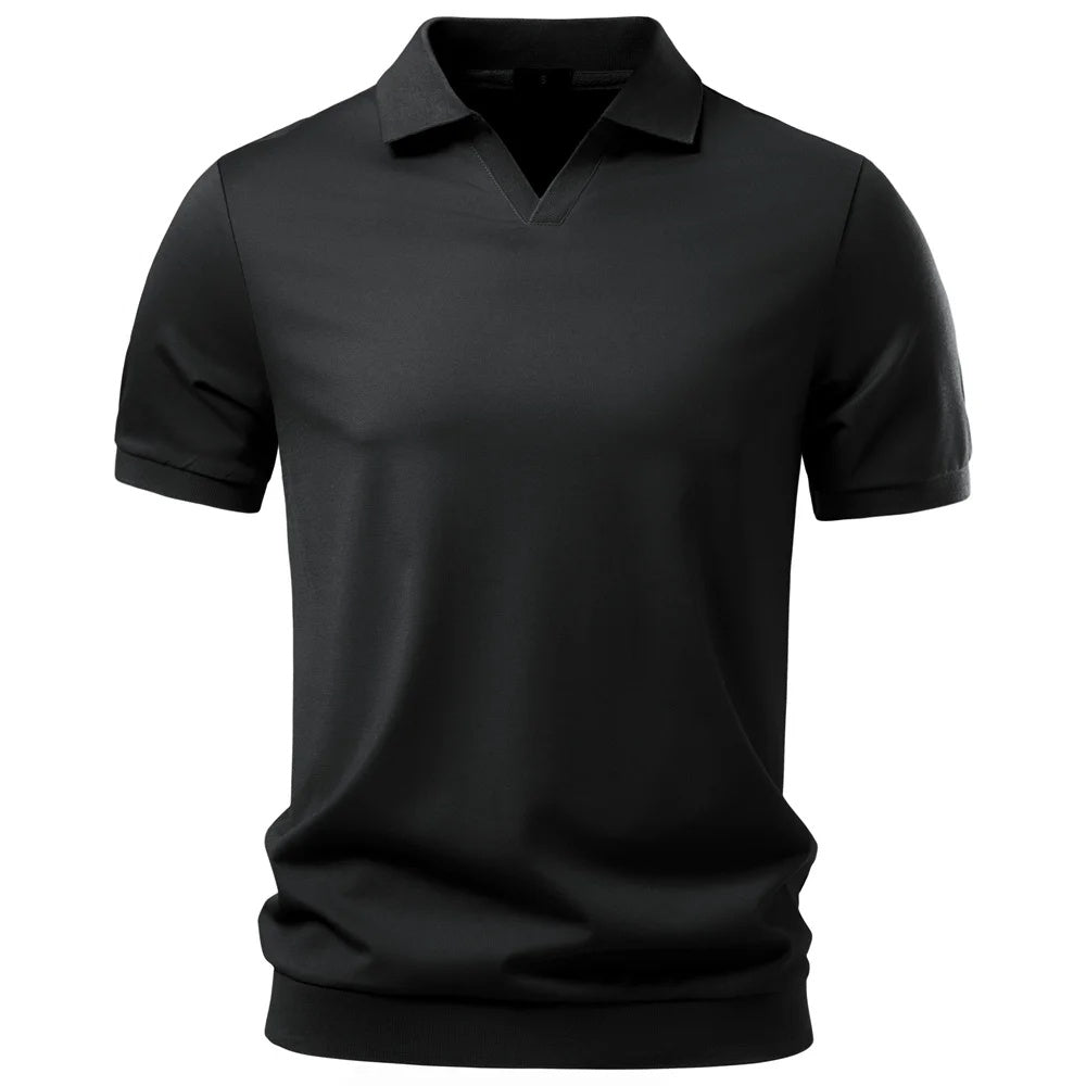 Black men's buttonless open-collar polo with ribbed hem and cuffs, front view