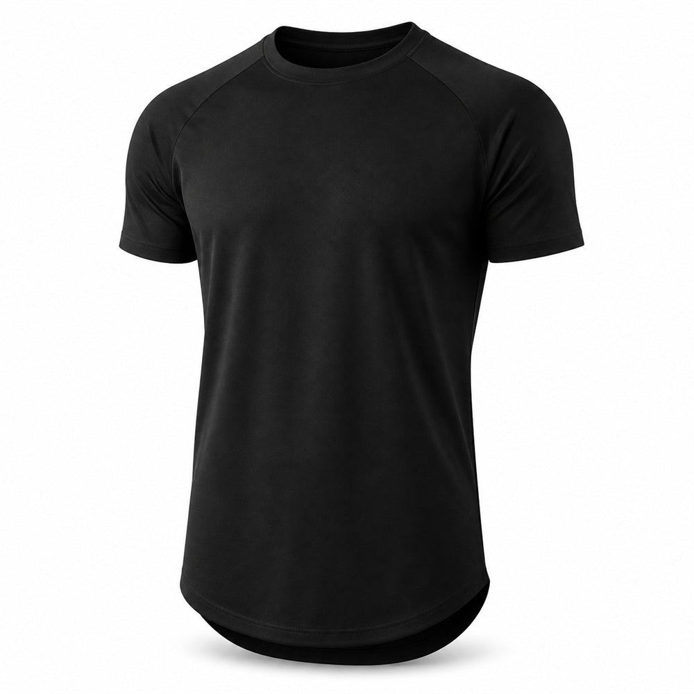 Black gym t-shirt with curved hem, front view