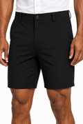 Men's smart casual shorts in black, front view on model — MANLY