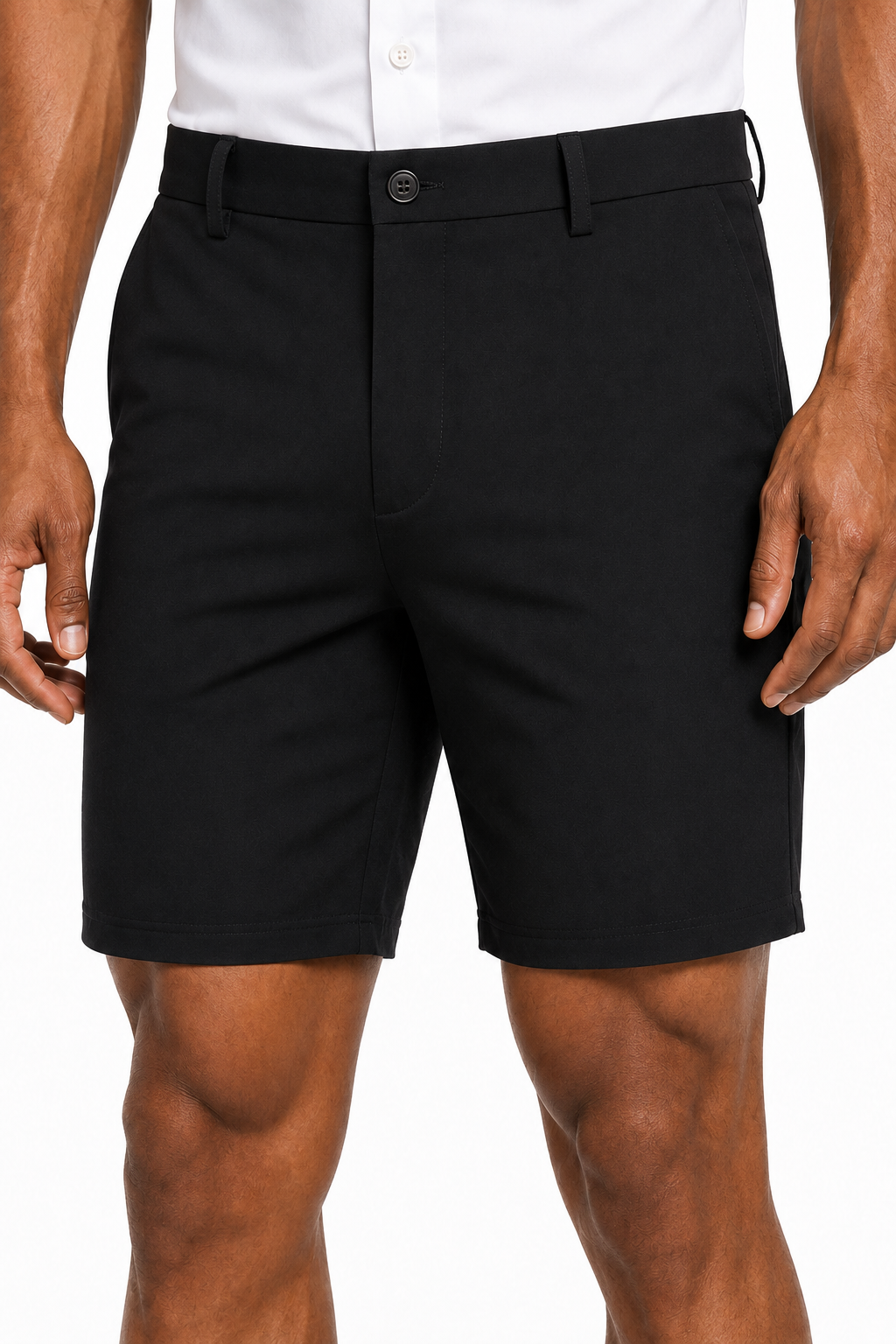 Men's smart casual shorts in black, front view on model — MANLY