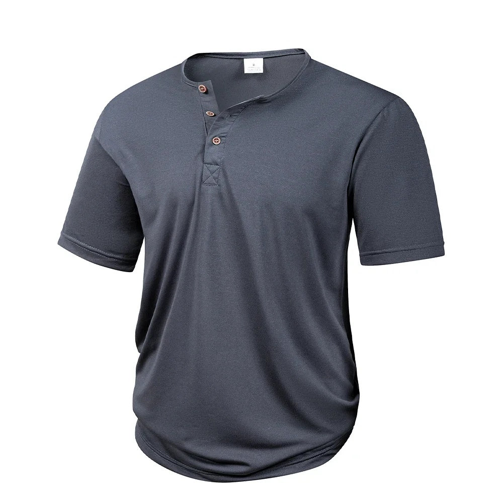 Dark grey lightweight henley with curved hem, front view