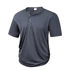 Dark grey lightweight henley with curved hem, front view