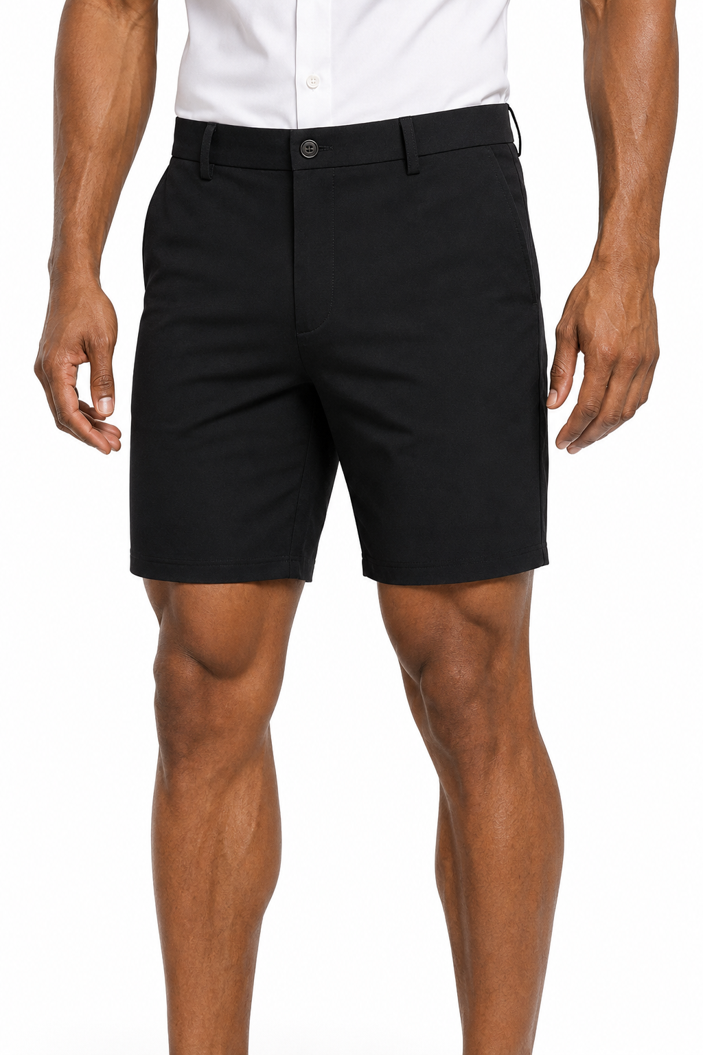Black smart casual shorts on model, cuffed hem at the knee