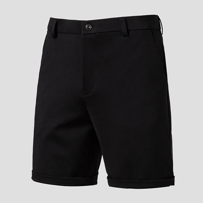 Black men's shorts product shot — button waist, zip fly, cuffed hem