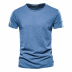 Blue men's crew neck t-shirt in slub-textured knit, front view