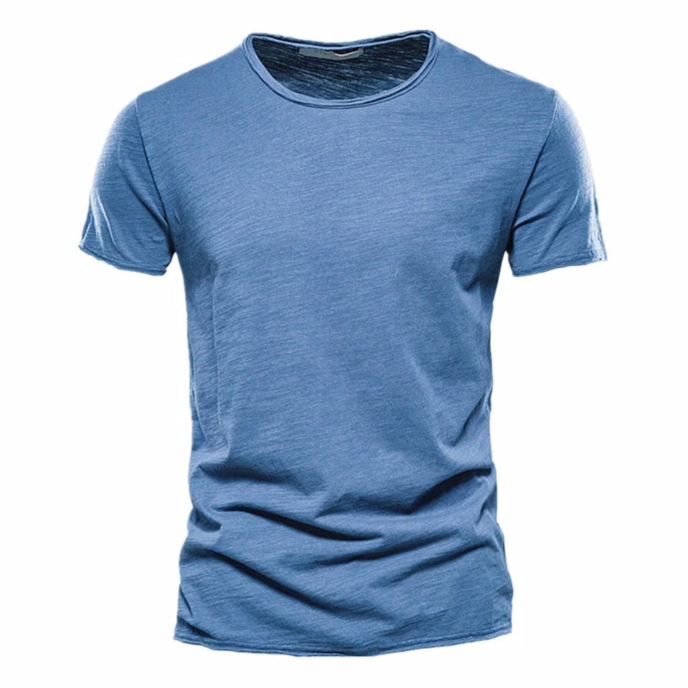 Blue men's crew neck t-shirt in slub-textured knit, front view