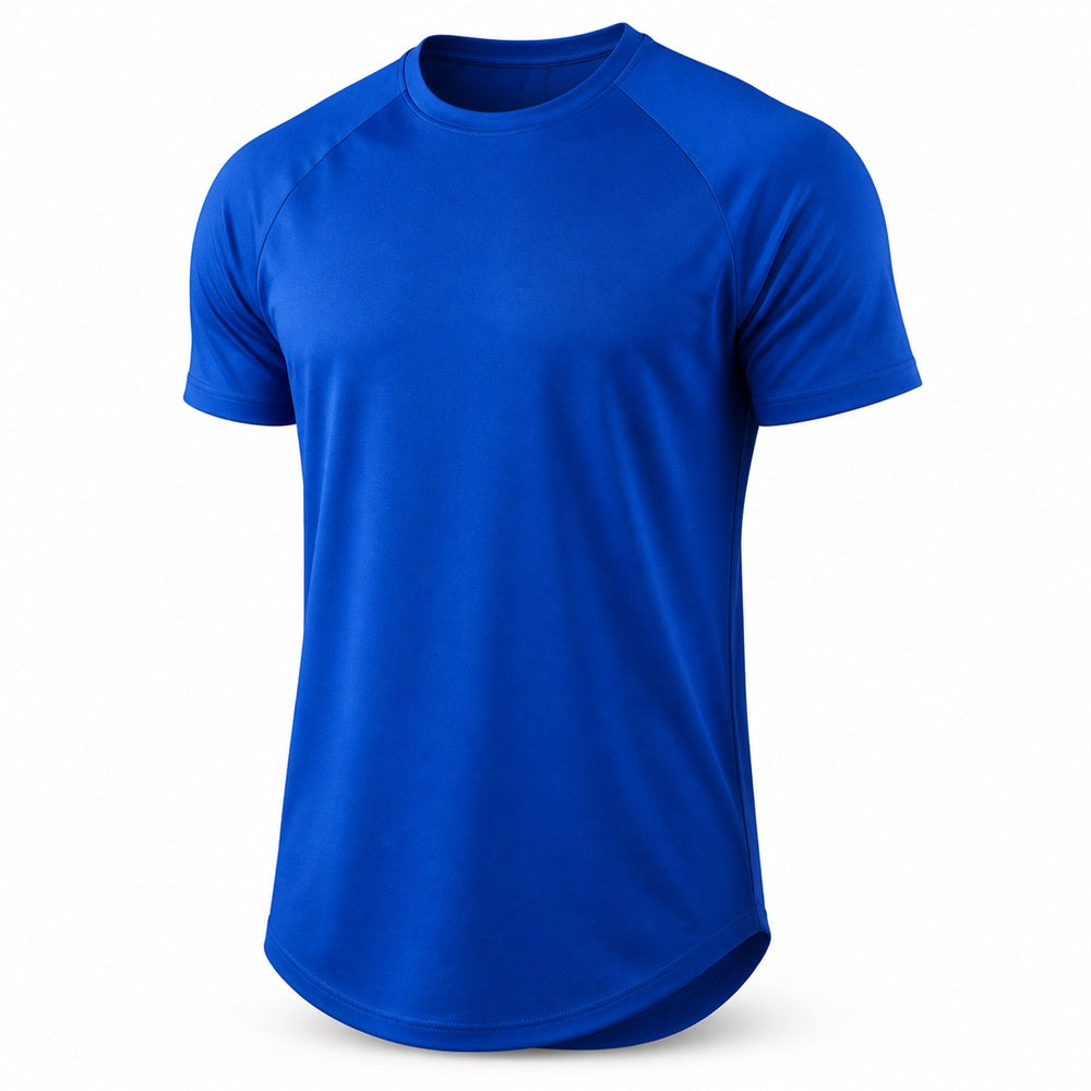 Royal blue gym t-shirt with curved hem, front view