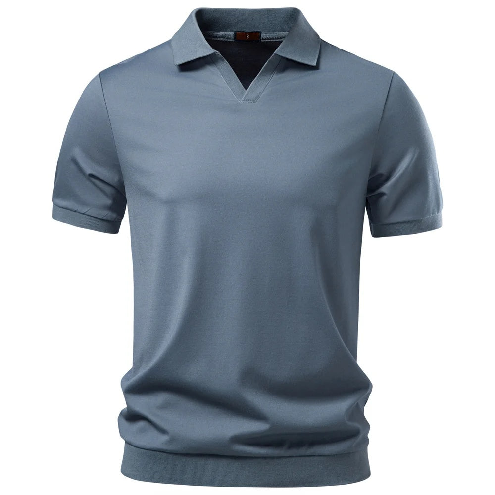 Blue men's buttonless open-collar polo with ribbed hem and cuffs, front view