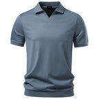 Blue men's buttonless open-collar polo with ribbed hem and cuffs, front view