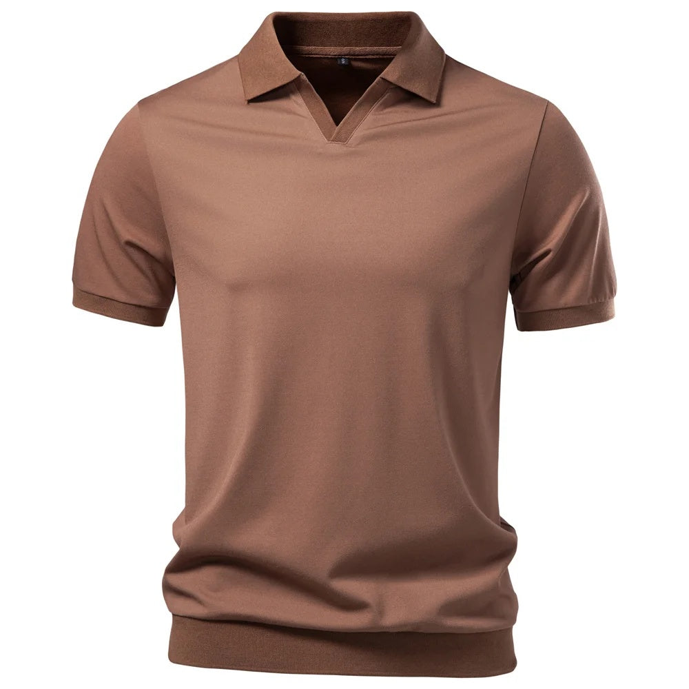 Brown men's buttonless open-collar polo with ribbed hem and cuffs, front view