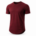Burgundy gym t-shirt with curved hem, front view
