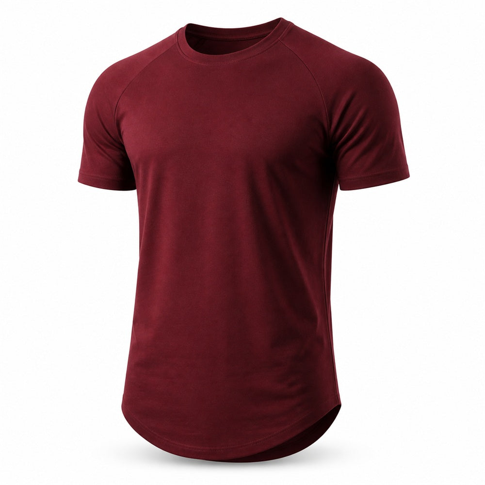 Burgundy gym t-shirt with curved hem, front view