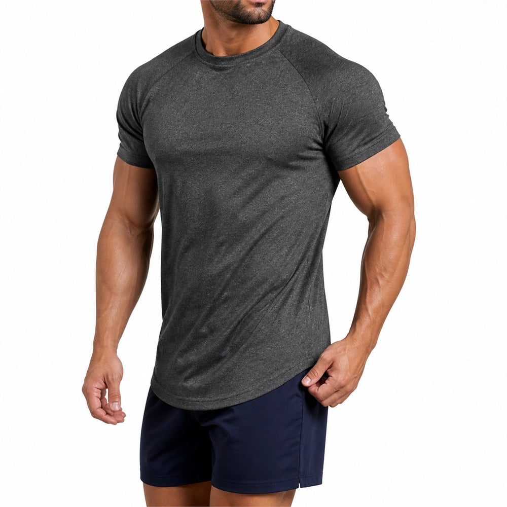 Man wearing the dark grey heather athletic gym tee