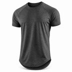Dark grey heather gym t-shirt with curved hem, front view