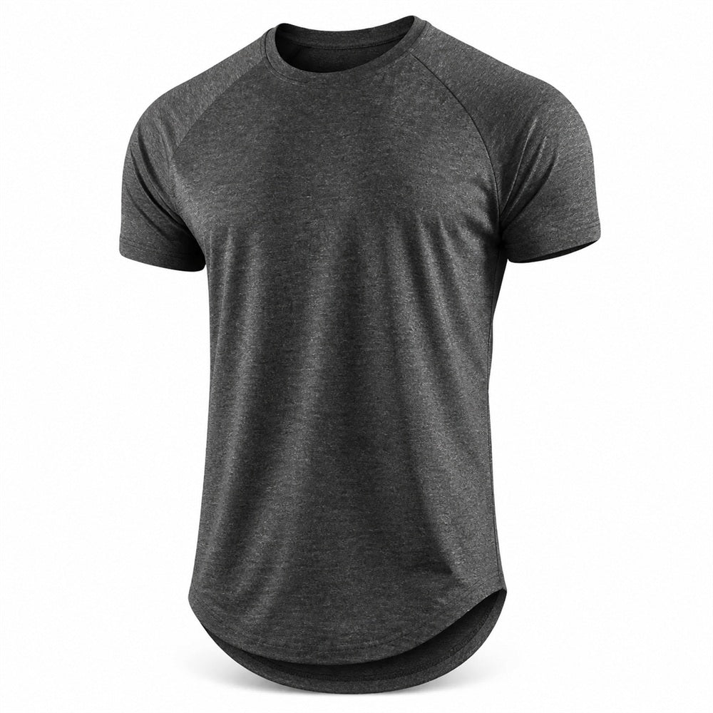 Dark grey heather gym t-shirt with curved hem, front view