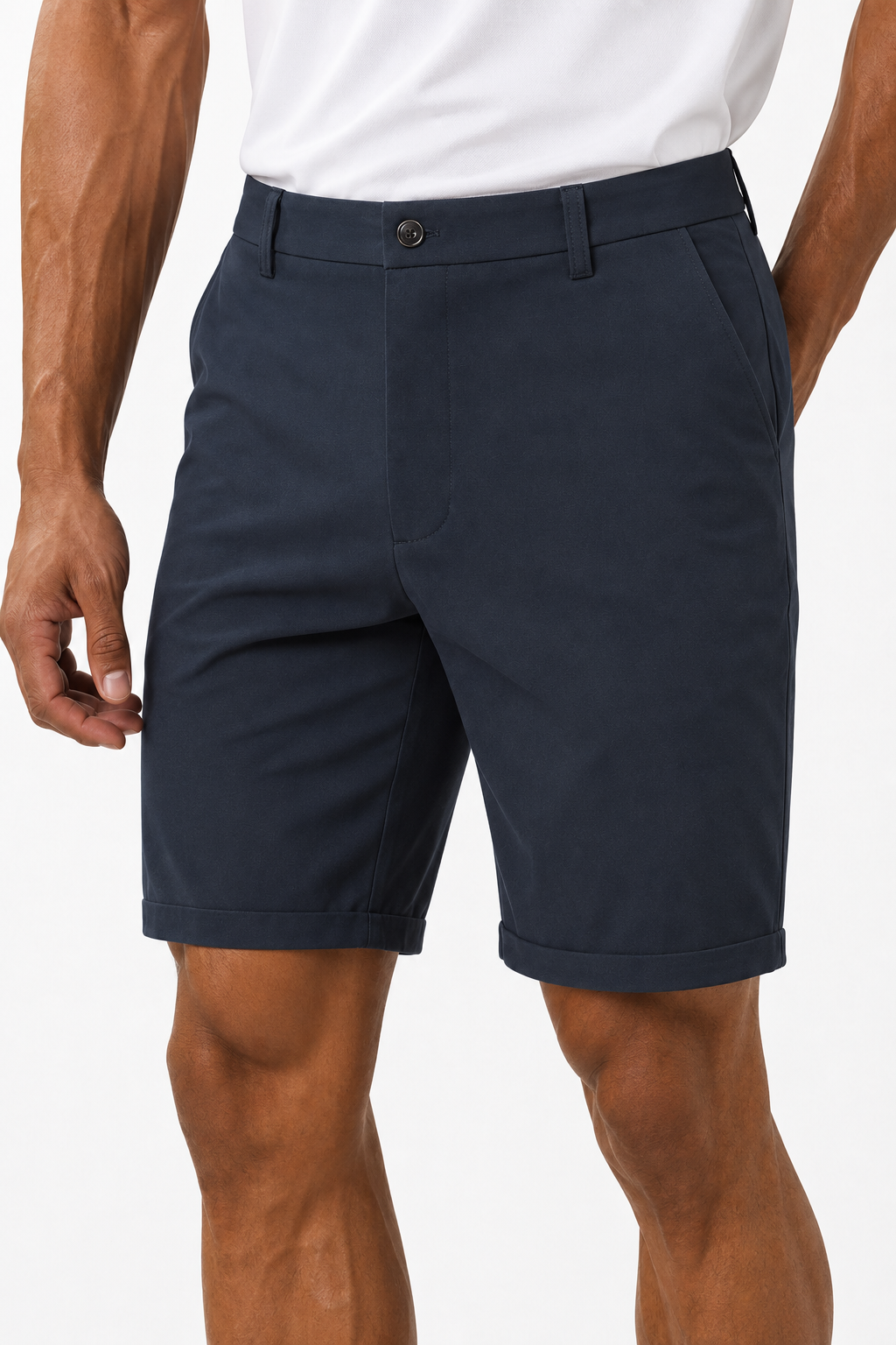 Men's smart casual shorts in dark grey, front view on model