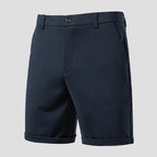 Dark grey men's shorts product shot — button waist and rolled cuffs