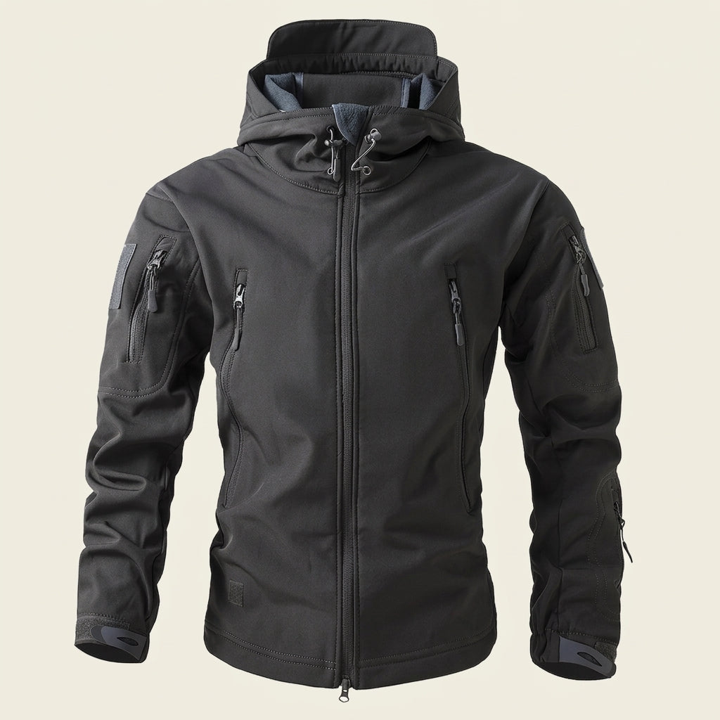 Men's Tactical Softshell Jacket in Black — front view, hood up