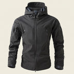 Men's Tactical Softshell Jacket in Black — front view, hood up