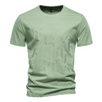 Green men's crew neck t-shirt with tonal geometric chest print, front view