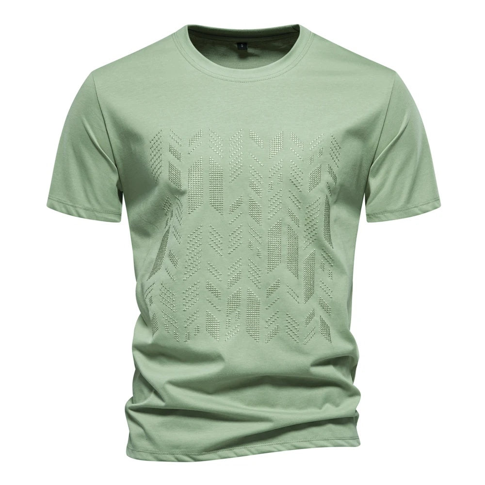 Green men's crew neck t-shirt with tonal geometric chest print, front view