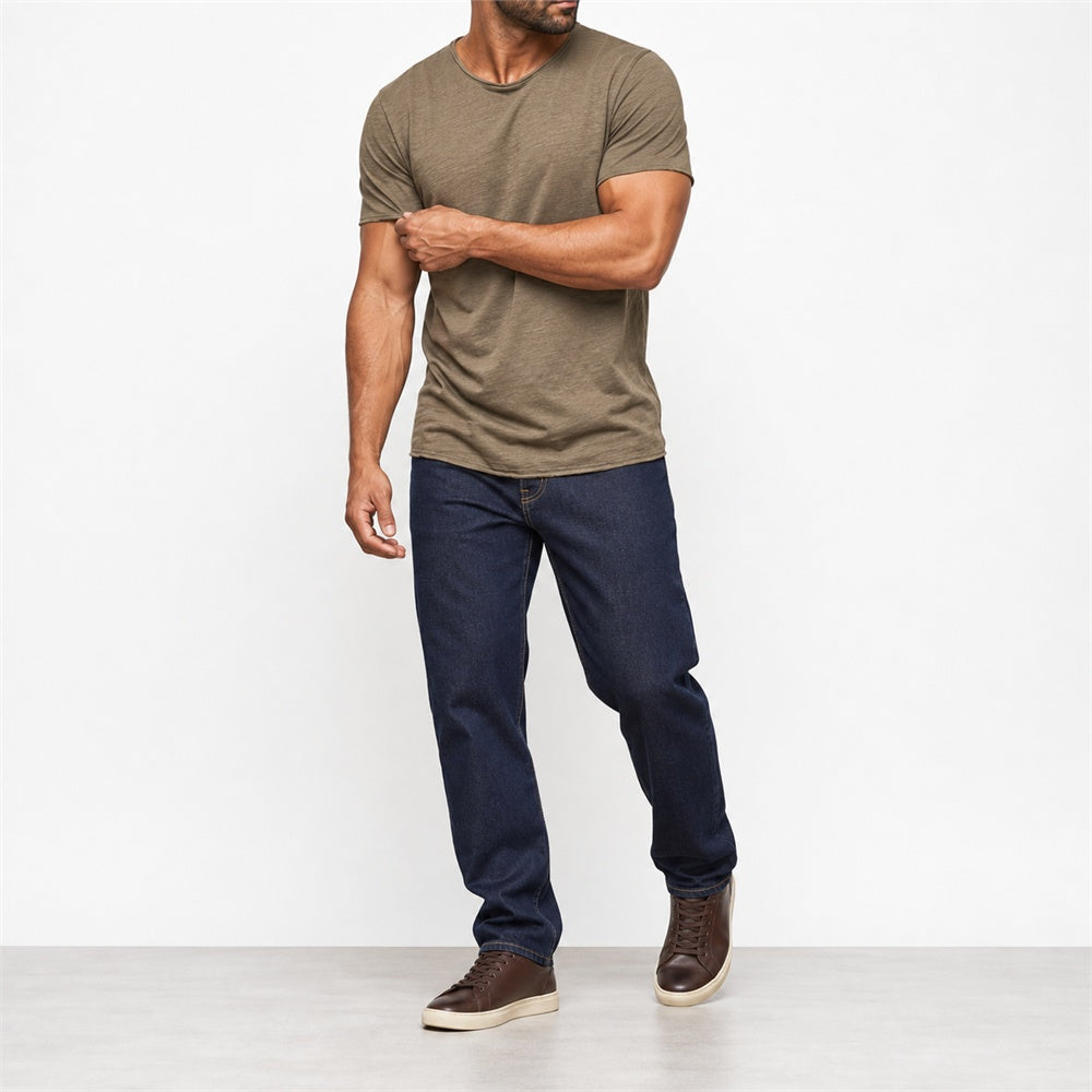 Man wearing the khaki textured crew neck t-shirt with dark trousers