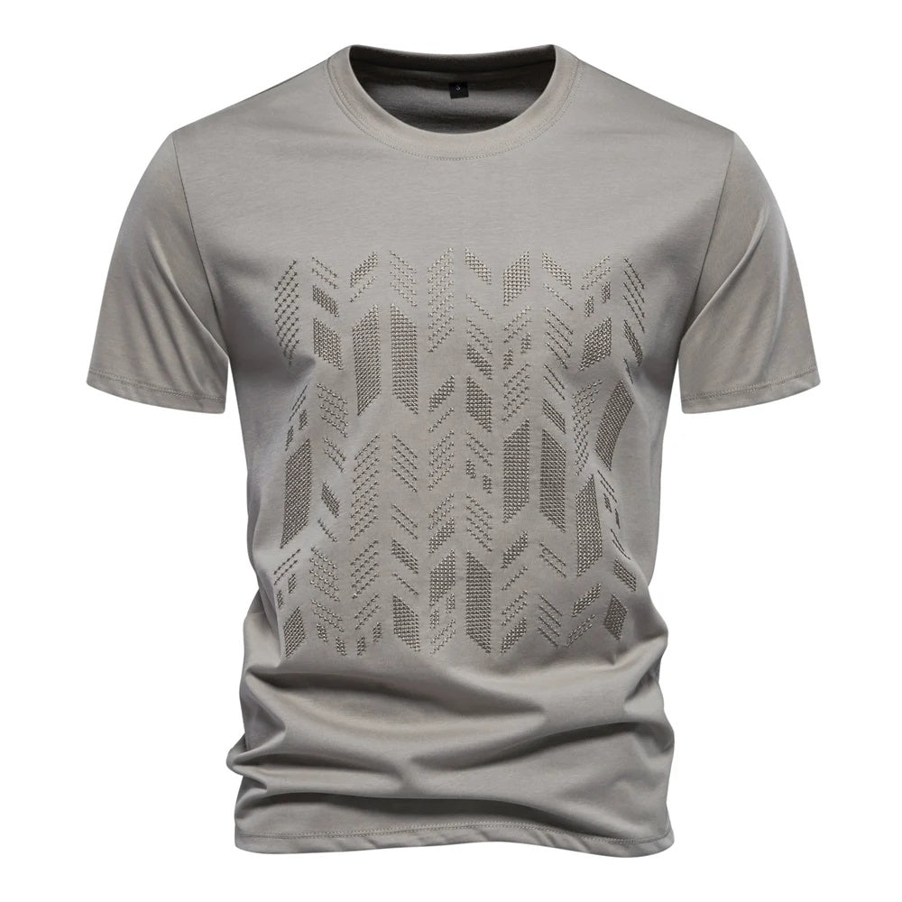 Khaki men's crew neck t-shirt with tonal geometric chest print, front view
