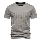 Khaki men's crew neck t-shirt with tonal geometric chest print, front view