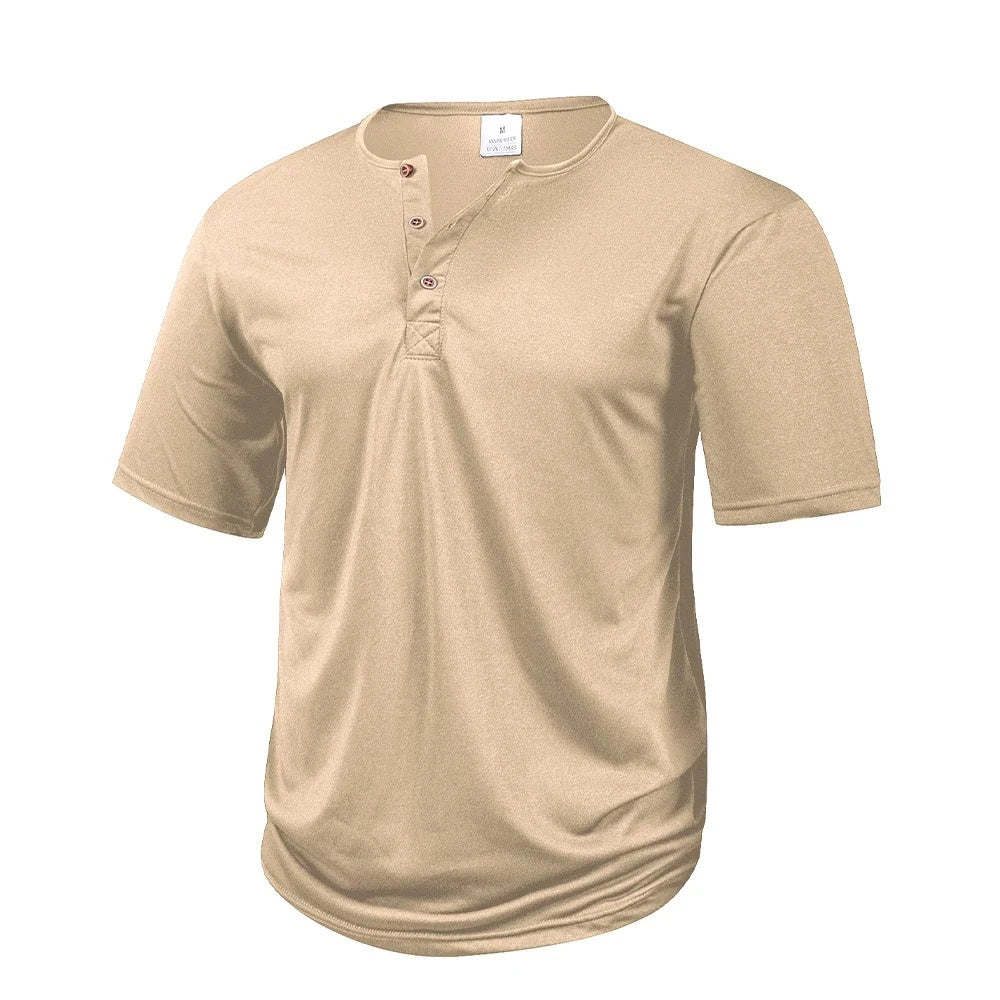 Khaki lightweight henley with curved hem, front view