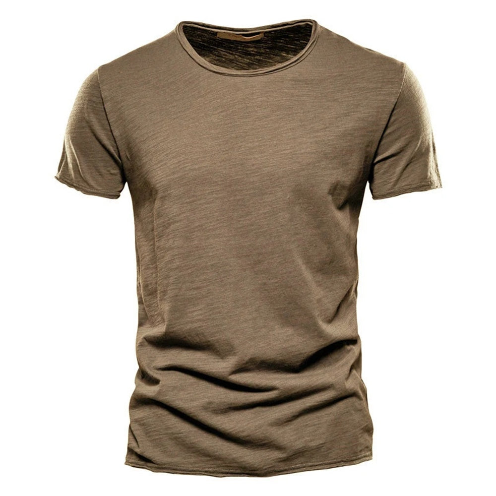 Khaki men's crew neck t-shirt in slub-textured knit, front view