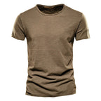 Khaki men's crew neck t-shirt in slub-textured knit, front view