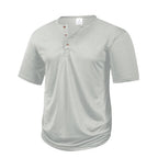 Light gray lightweight henley with curved hem, front view