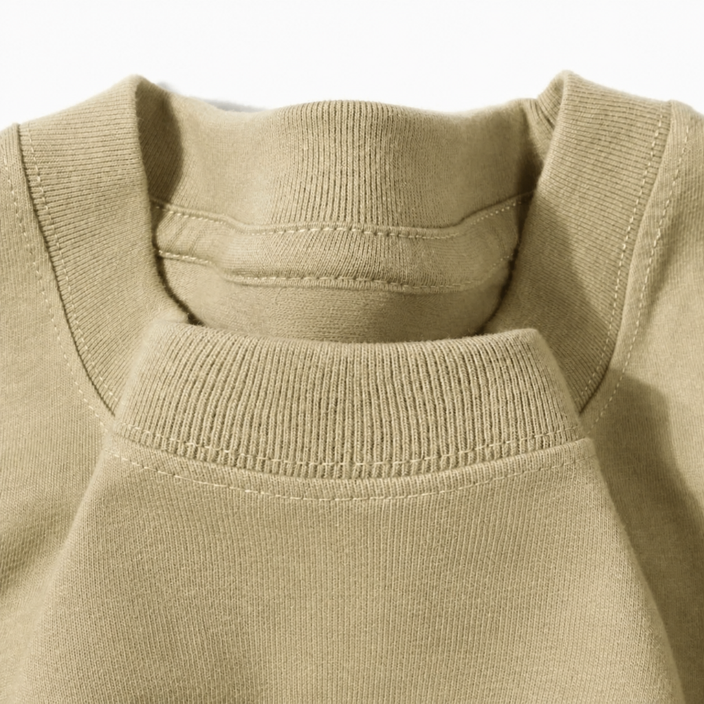 Close-up of the crew neckline on the Men's Plain Heavyweight Tee in Khaki