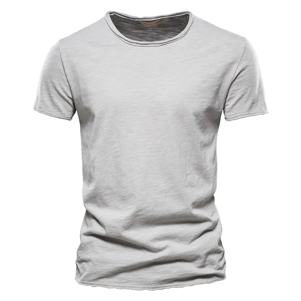 Light gray men's crew neck t-shirt in slub-textured knit, front view