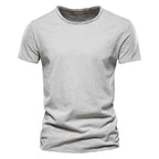Light gray men's crew neck t-shirt in slub-textured knit, front view