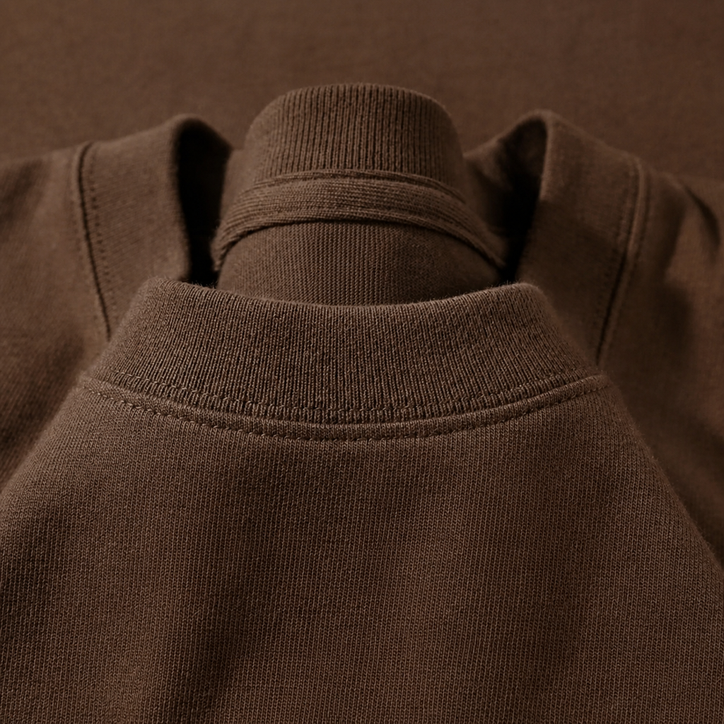 Close-up of the crew neckline on the Men's Plain Heavyweight Tee in Mocha Brown