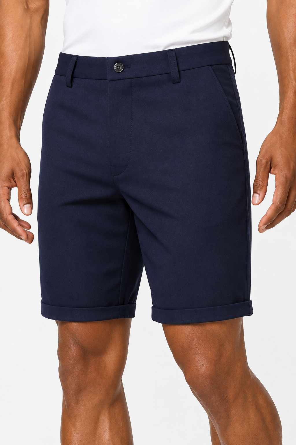 Men's smart casual shorts in navy, front view on model — MANLY