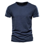 Navy blue men's crew neck t-shirt in slub-textured knit, front view
