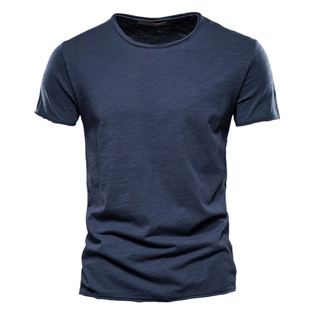 Navy blue men's crew neck t-shirt in slub-textured knit, front view