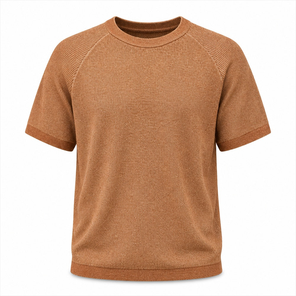Marled terracotta knitted tee with ribbed edges, invisible mannequin front view
